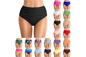 High Waisted Bikini Bottom for Women Tummy Control Ruched Bathing Suit Swim Basic Comfy Full Coverage Swimsuit Bottom