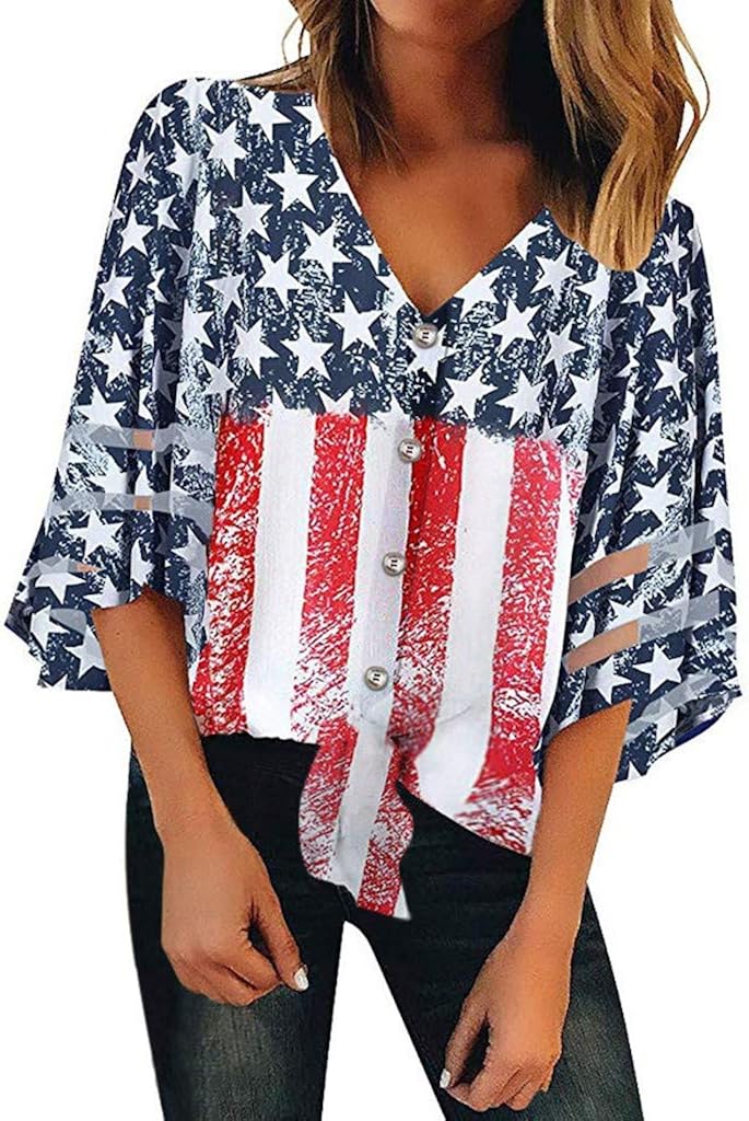 YOCheerful Women American Tops Off Shoulder Mesh Panel Blouse 3/4 Bell Sleeve Top 4th of July Shirts