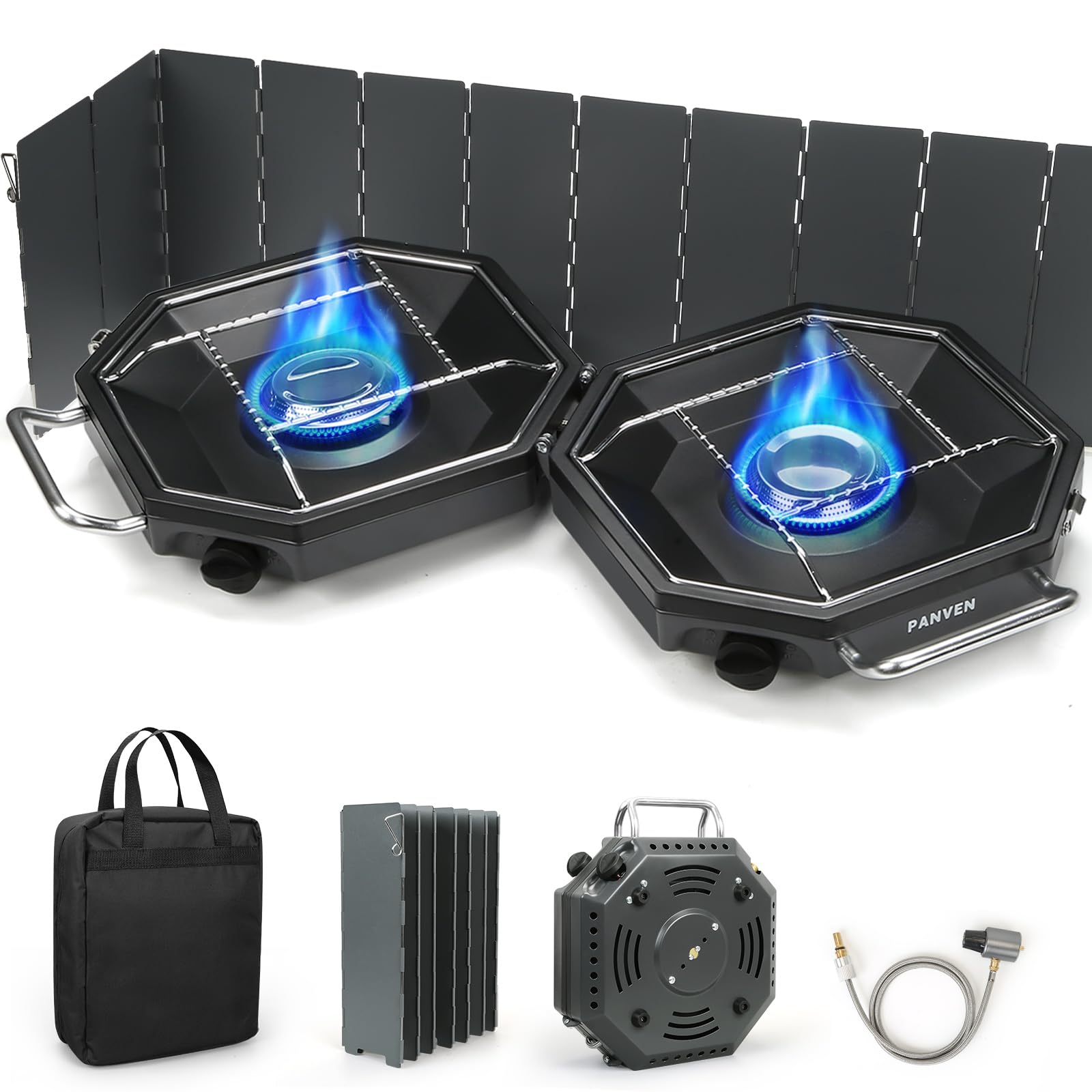 Photo 1 of Camping Stove Propane, 2 Burner Camp Stove, 20,000 BTU Propane Camping Stoves, Portable Gas Stove with Windscreen, Storage Bag, Regulator for Picnic, BBQ, Tailgating
