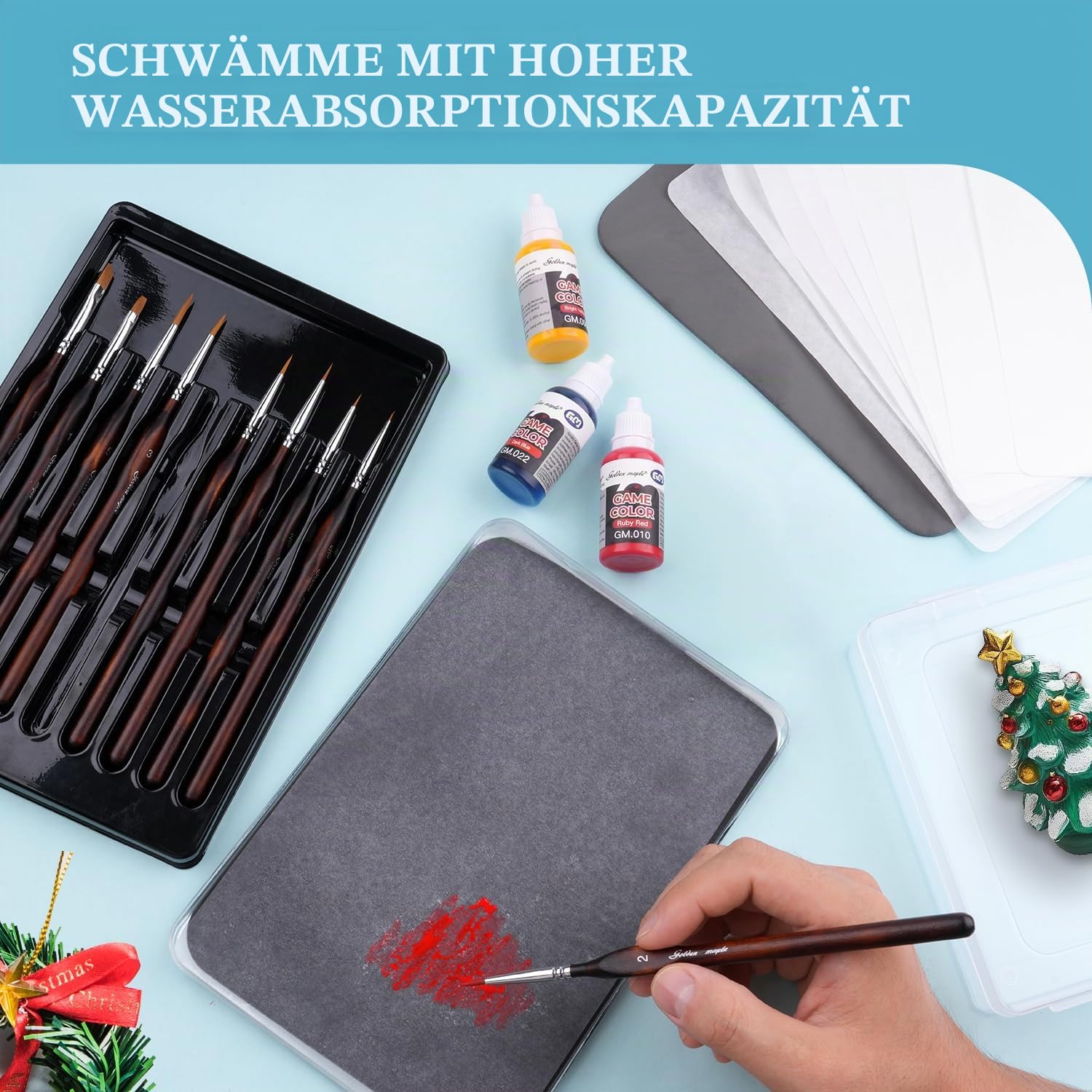 golden maple Nasspalette für Miniaturmalerei – Wet Palette für Acrylmalerei-Set mit 9 Miniatur-Pinseln, 50 Palettenpapieren, 2 Schwämmen, 1 Pinselhalter und 1 Schwamm-Schale 4