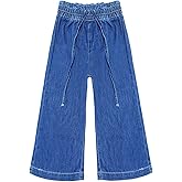 KIDSCOOL SPACE Girls Thin Denim Pants, Wide-Leg Ribbed Elastic Waistband Jeans