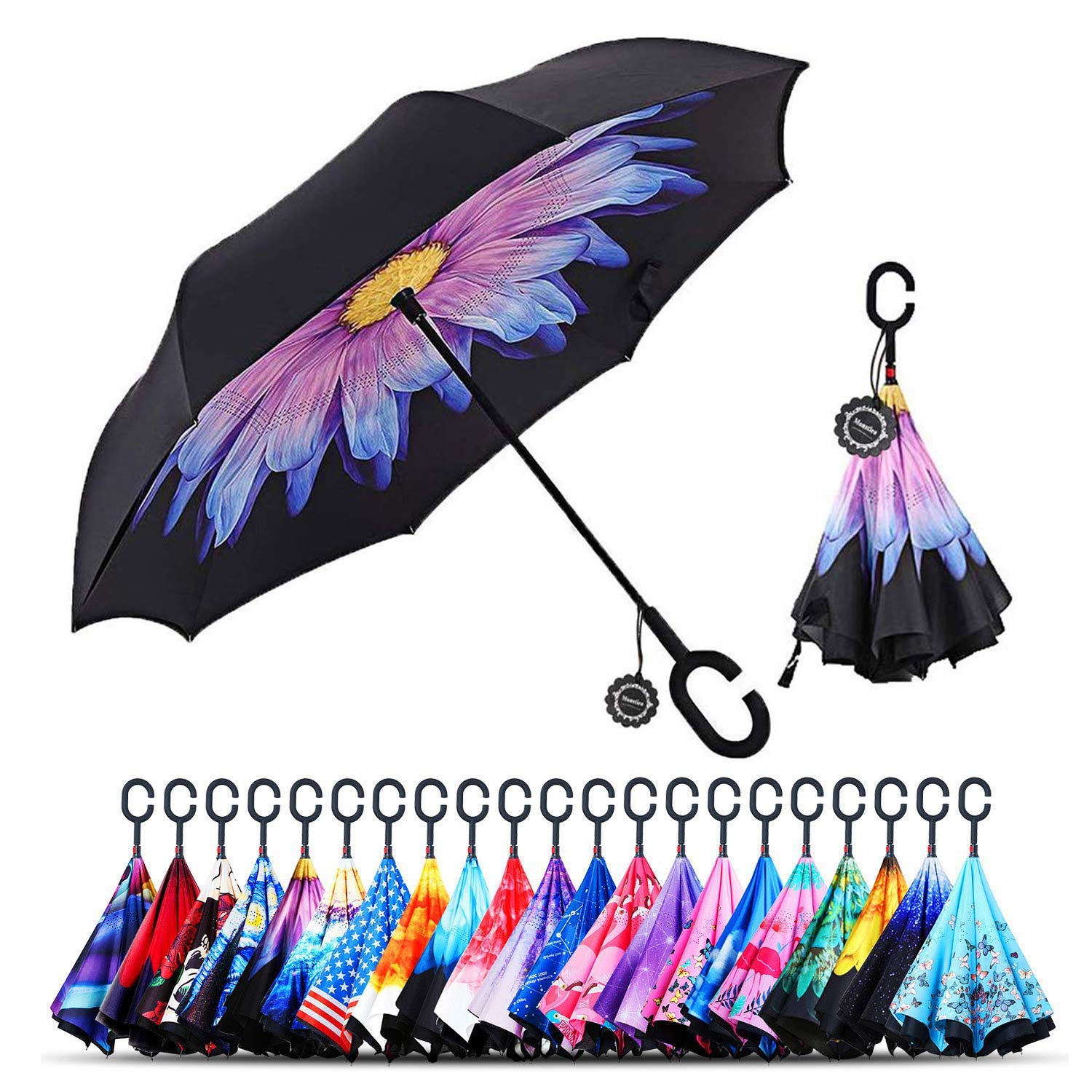 Monstleo Inverted Umbrella Double Layer Cars Reversible Umbrella,Windproof UV Protection Big Straight Umbrella for Car Rain Outdoor With C-Shaped Handle and Carrying Bag