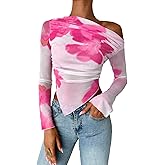SHENHE Women's Floral Mesh Tops Flare Sleeve Open Off Shoulder Ruched Slim Fit Crop T-Shirts