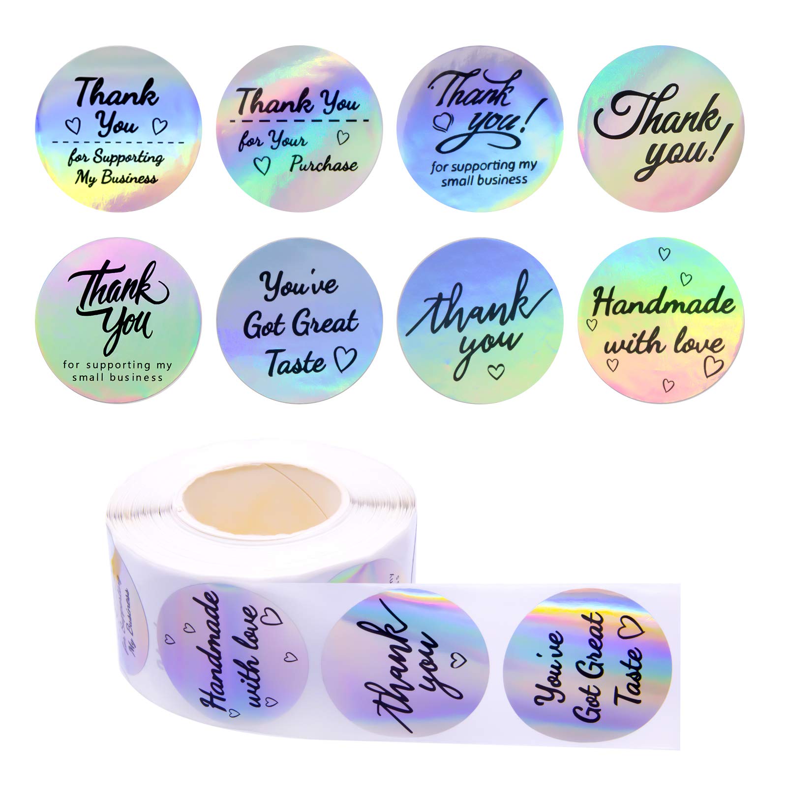 Thank You Stickers-1.5" Round Thank You Stickers,Round Shape Adhesive Holographic Silver Stickers Rainbow Holo Stickers for Business Owneror Business Boutiques Shop Wrapping Supplies (500 Pieces)