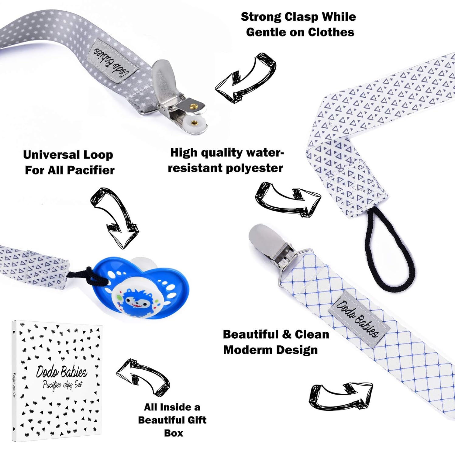 Pacifier Clip by Dodo Babies Pack of 4 + Pacifier Case, Premium Quality for Boys and Girls Modern Designs Universal Holder Leash for Pacifiers, Teething Toy, Baby Shower Gift Set : Baby