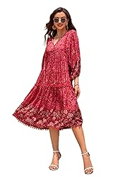 HECCPLI Women's Bohemian V Neck Floral Print A-line