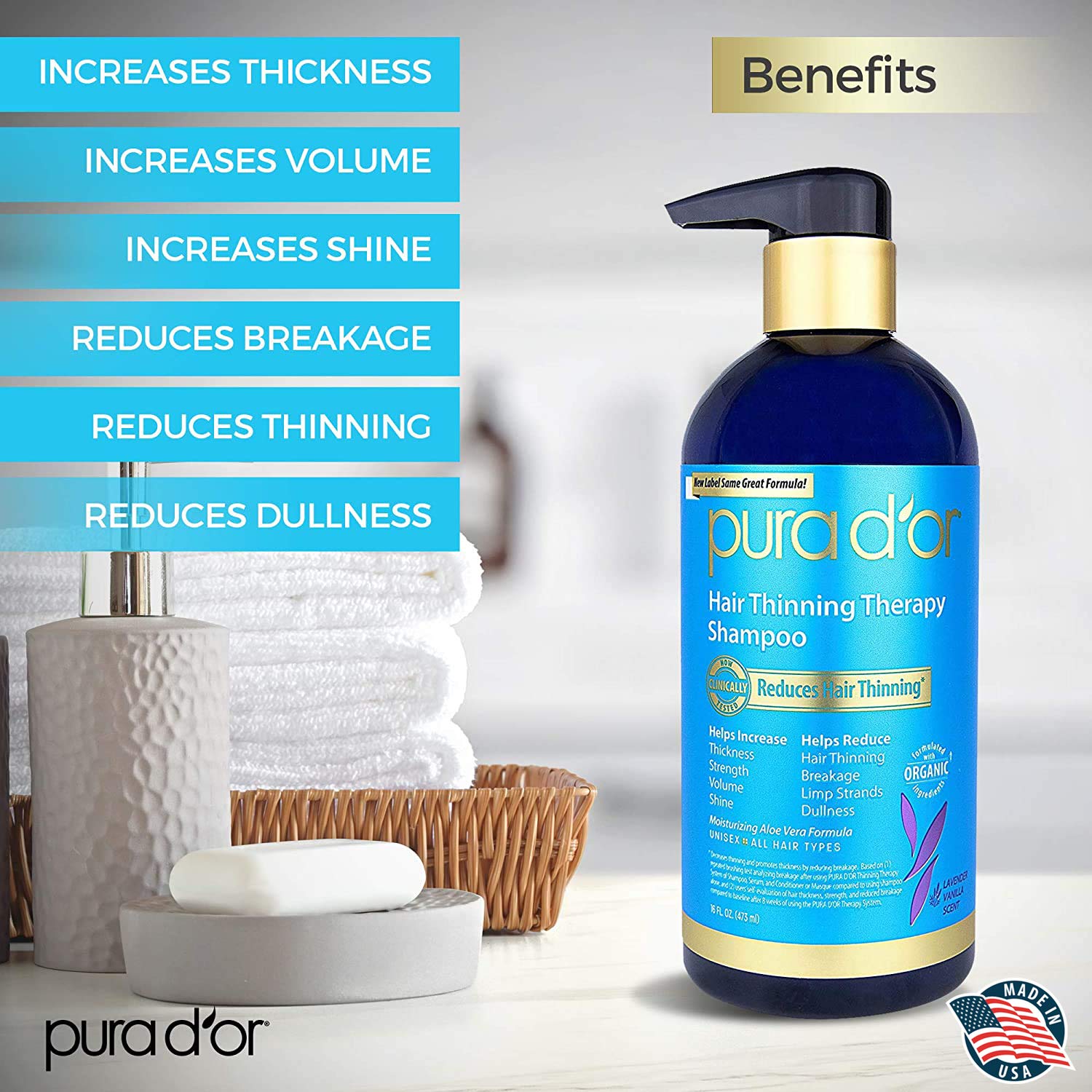 PURA D'OR Hair Thinning Therapy Biotin Shampoo VANILLA LAVENDER Scent (16 oz) w/Argan Oil, Herbal DHT Blockers, Zero Sulfates, Natural Ingredients For Men & Women, All Hair Types (Packaging may vary) : Beauty