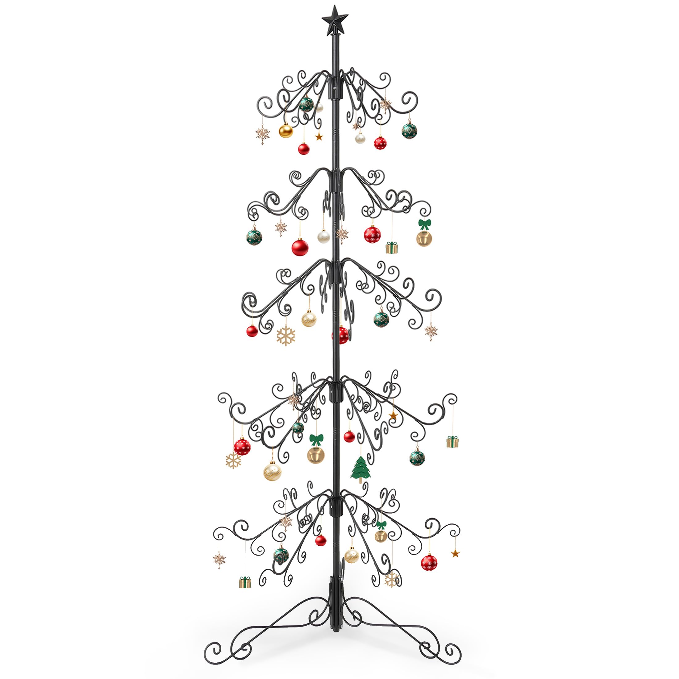 Photo 1 of Metal Christmas Tree Ornament Display, 6 Ft Ornament Tree Display Stand with 144 Hooks, 6-Tier Wrought Iron Christmas Tree for Holiday Christmas Halloween Decorations Gift, Easy Assembly, Black