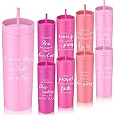 Acellegic 8 Pcs Christian Cup Gifts for Women 16 oz Pink Bible Verse Plastic Cups with Lid and Straw Reuseable Inspirational Double Layer Tumbler for Religious Bible Gifts Women Church Valentines Day