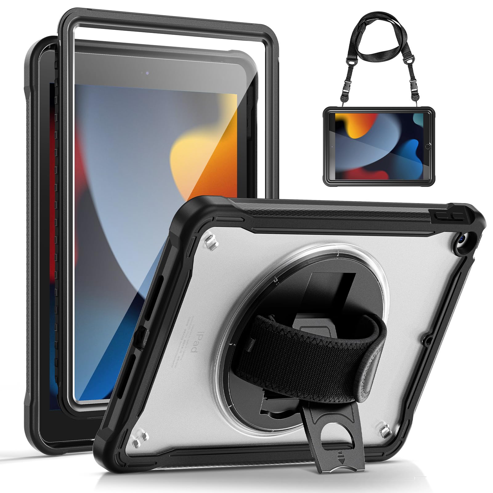 Gerutek for iPad 9th/8th/7th Generation Case Shockproof with Screen Protector, Full Body Drop iPad 10.2 inch Rugged with [Clear Back Shell][360° Stand/Hand Strap] for iPad 9th Gen Case,Black