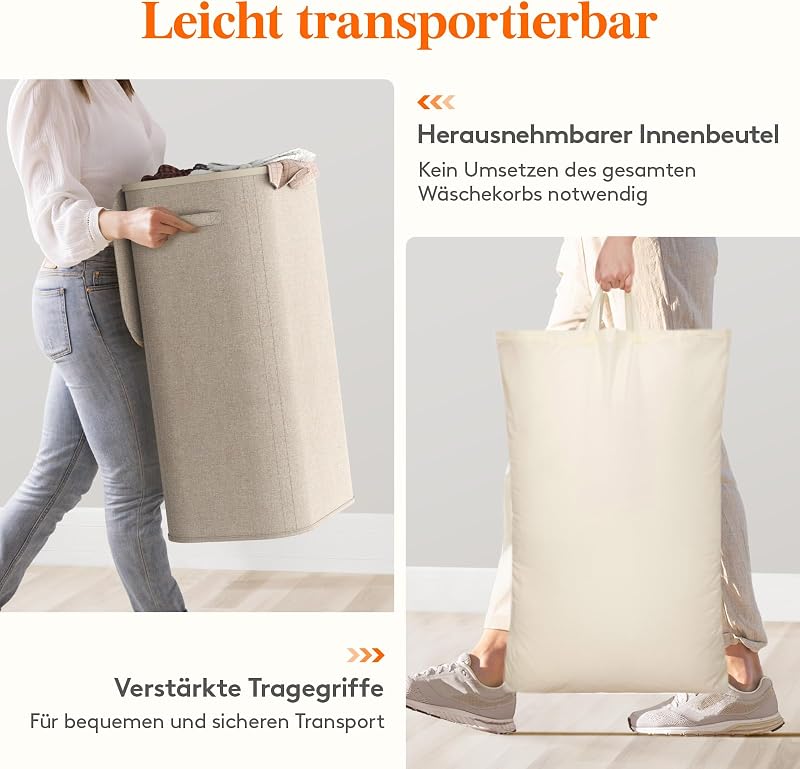 105L Wäschekorb mit Deckel, faltbarer Wäschesammler, Beige
