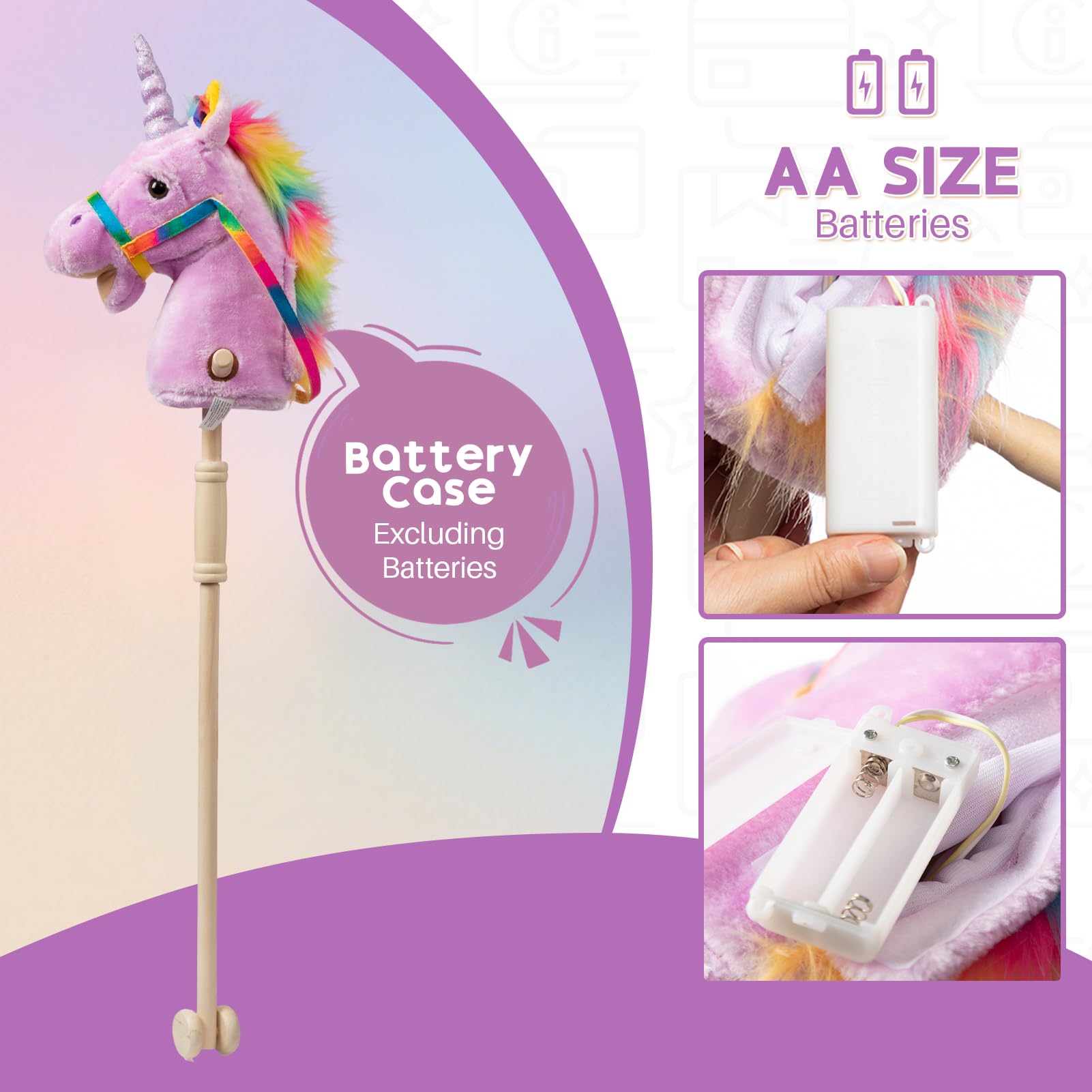 HollyHOME Unicorn Stick Horse Handcrafted Hobby Horse on a Stick with Wood Wheels Real Pony Neighing and Galloping Sounds Plush Unicorn Toy Purple 36 Inches(AA Batteries Required)