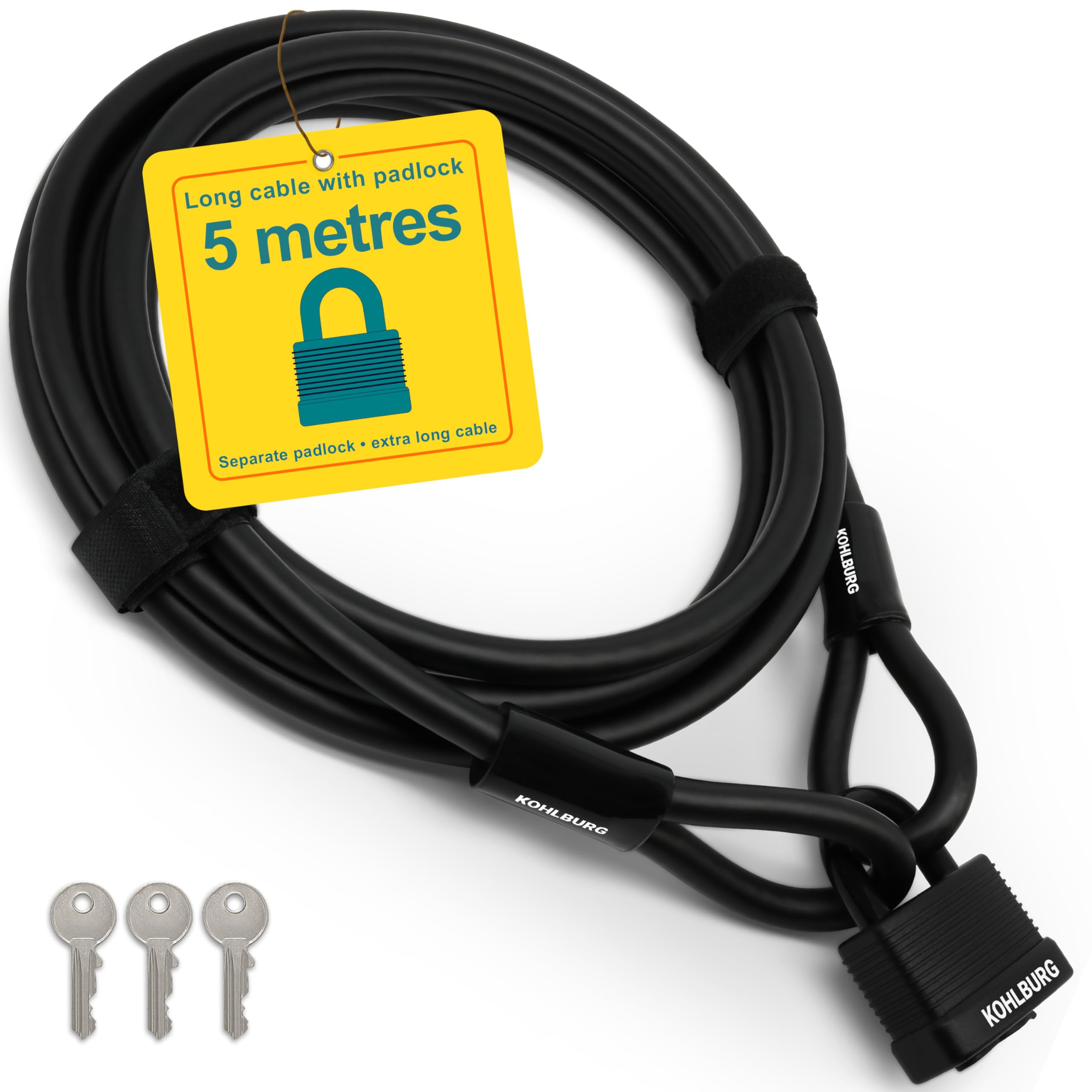 KOHLBURG Cable Bike Lock 5m Long & Padlock with Key [3X], Easy Click-to-Close – Bicycle Lock with 500cm Loop Cable – Steel Cable for Trailer & Stroller, Multiple Bikes & Garden Furniture
