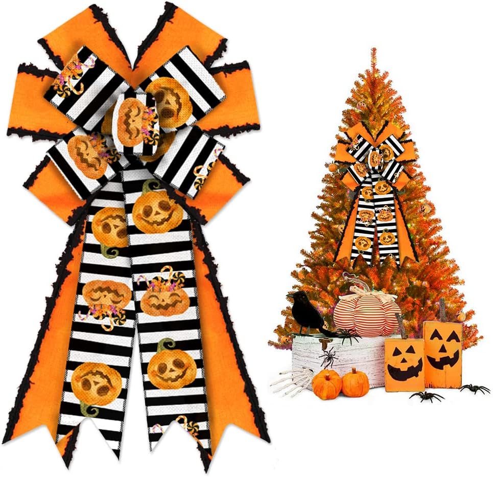 Bows & Ribbons - ABTOLS Large Halloween Wreath Bows, Black White Stripe Buffalo Bows for Wreath Orange Velvet Bows for Front Door Halloween Pumpkin Tree Topper Bows for Halloween Party Home Indoor Outdoor Decor