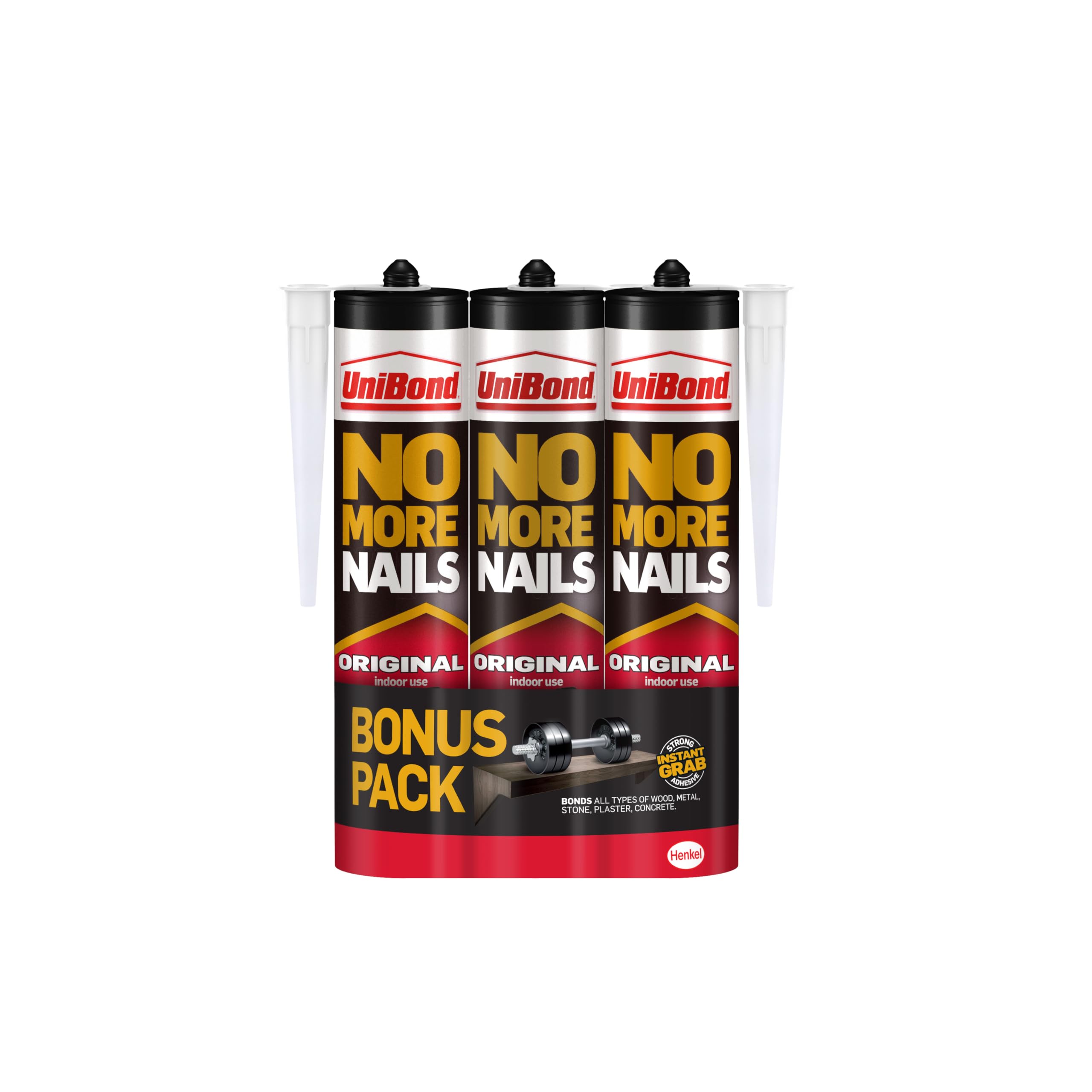 UniBond No More Nails Original, Heavy-Duty Mounting Adhesive, No Nails Strong Glue for Wood, Ceramic, Metal etc., White Instant Grab Adhesive, Pack of 3 (3 x 365g Cartridges)