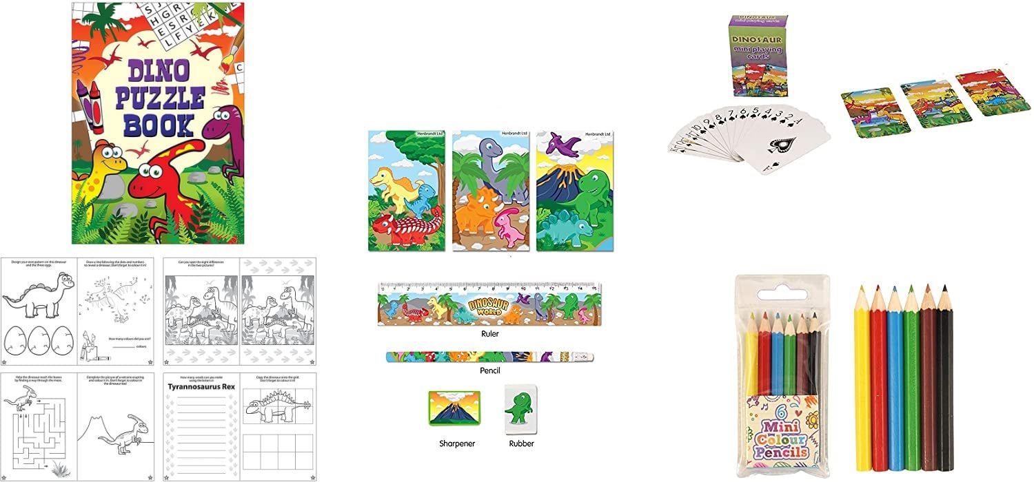 Anilas 15 Piece Dinosaur Themed Stationery Set - Pencil, Sharpener, Rubber, Ruler, 3 Notepads, Puzzle Book, Playing Cards and Set of 6 Colouring Pencils
