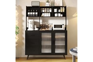 VOWNER Kitchen Hutch Storage Cabinet, Freestanding Kitchen Pantry with Glass Doors and 3 Drawers, Modern Sideboard Buffet Cabinet for Dinning Room, Living Room