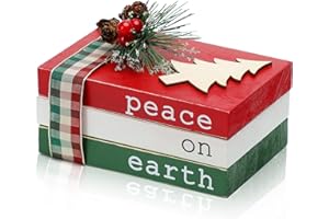 KORMMCO Christmas Wood Book Stack, Christmas Tiered Tray Decor, Peace on Earth Mini Faux Decorative Books with Pine Berry, Farmhouse Book Decor for Home Table Mantle Shelf