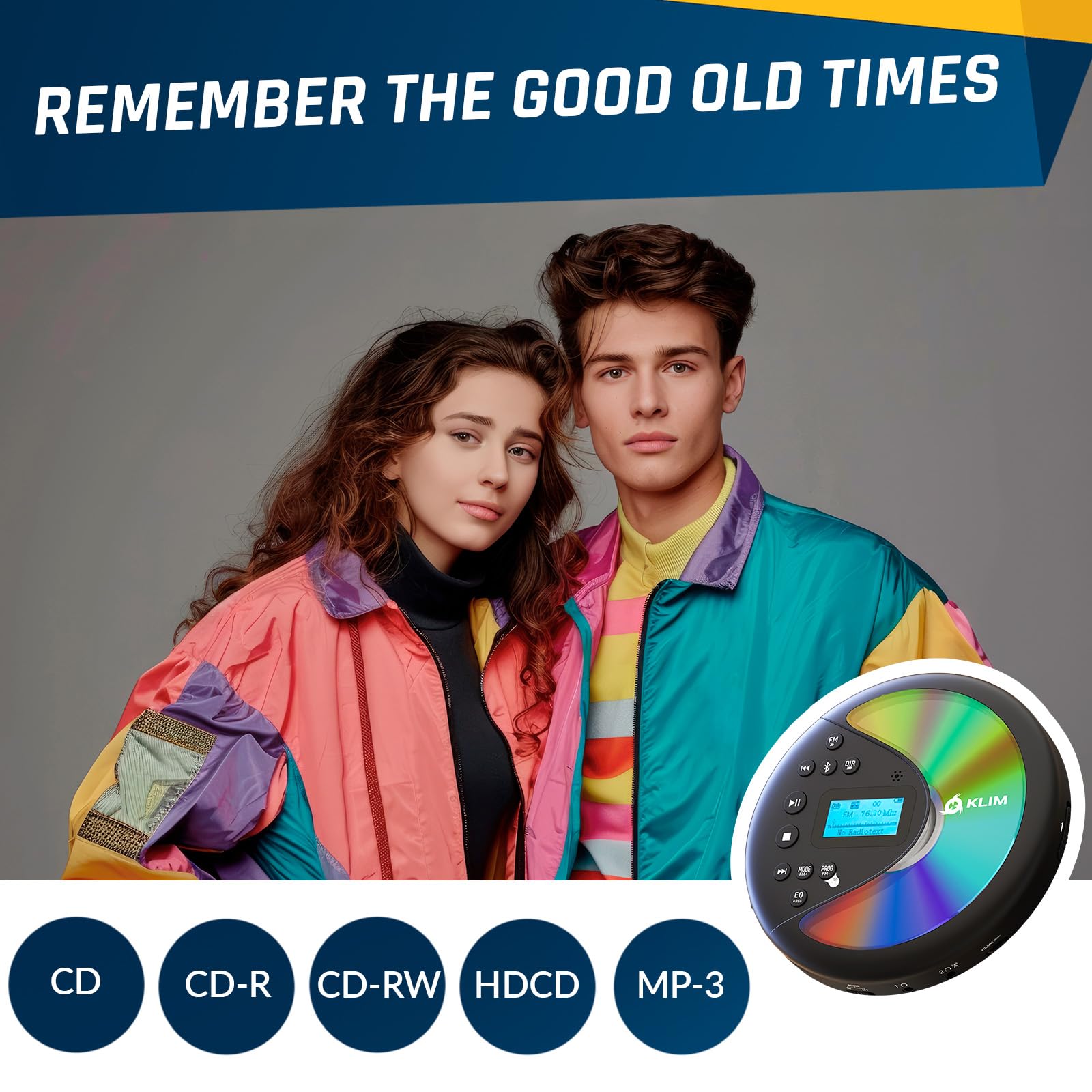 KLIM Discover with Headphones - Portable CD Player Walkman with Long-Lasting Battery - New - Radio FM - Compatible MP3 CD Player Portable - SD Card, FM Transmitter, Bluetooth - Ideal for Cars