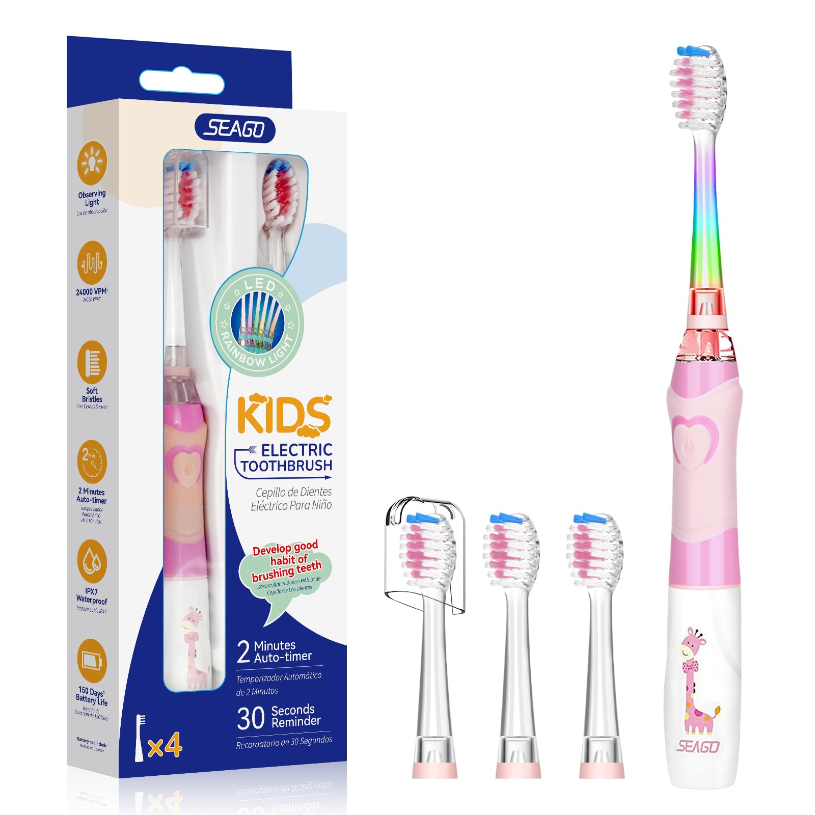 Seago Kids Electric Toothbrush 3-5-6-12 Toddler Childrens Toothbrushes with Timer,Colorful Rainbow LED Light and 4 Heads for Junior Boys Girls Battery-Powered Sonic Tooth Brush SG977 (Pink)