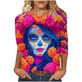 Día De Los Muertos Shirts for Women Day of Dead Sugar Skull T-Shirt | Skull Skeleton Print 3/4 Sleeve Tops,Funny Graphic Crewneck Tunic Blouse,Spooky Season Tee Halloween Costumes