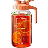 64 oz Glass Pitcher with Lid, Large Wide Mouth Mason Jar with Pour Spout, Orange Sun Tea Glass Jar for Outside, Lemonade Pitcher Great for Drink, Cold Beverages and Breast Milk