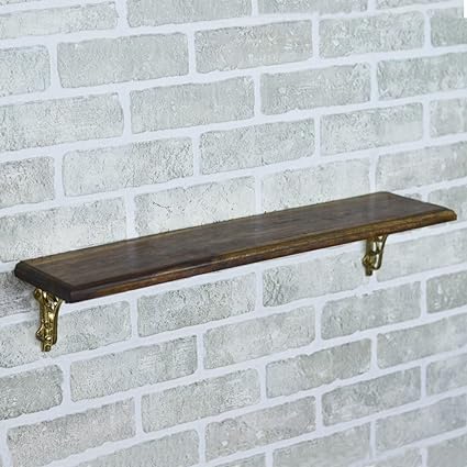 Casa D?cor Mango Wood Wall Shelf with Golden Bracket Georgian Pattern Cast Iron Brace (Brown, CDWLSH0030)