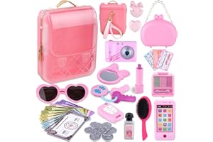 GIFTS2U Backpack Purse Play Set for Little Girls, My First Purse Toy with Camera, Earphone, Smartphone, Makeup Set, Sunglasses, Wallet, Car Keys, Credit Cards, Play Money, Purse Playset for Age 3 4 5 6