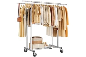 HYSEYY Heavy Duty Clothes Rack, Rolling Clothing Rack for Hanging Clothes with Shelves Load 620LBS,Portable Garment Wardrobe Closet Rack with Wheels for Bedroom,Laundry Room,Retail Store,Sliver