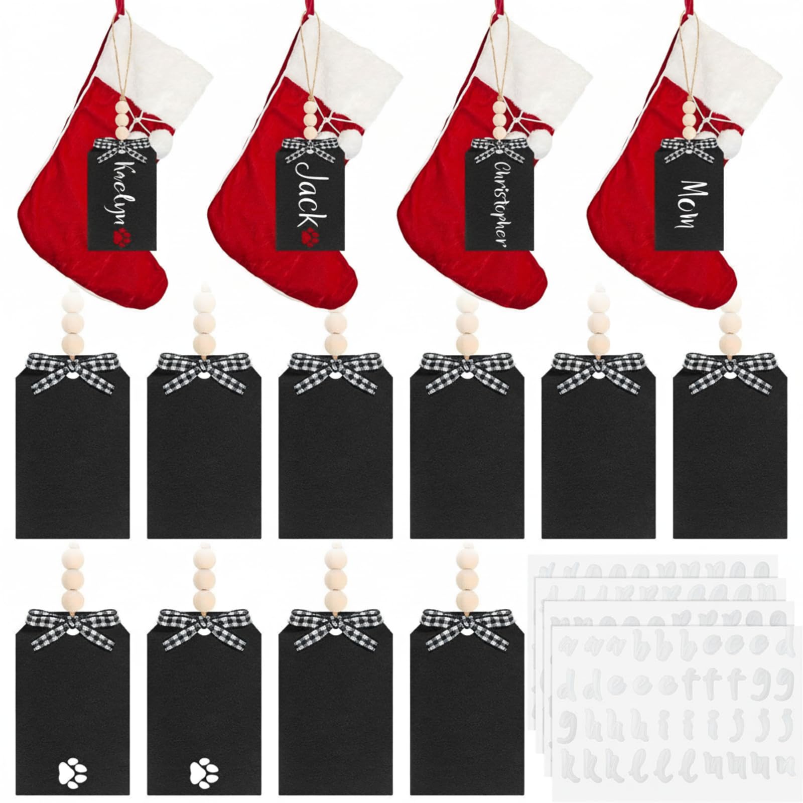 Photo 1 of 10 Pieces Christmas Stocking Name Tags Wood Stocking Name Tag Unfinished Personalized Wood Stocking Tags Wooden Hanging Name Tag with 4 Pieces Letter Stickers A to Z for Christmas Decoration (Black)