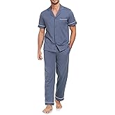 COLORFULLEAF Men's 100% Cotton Pajamas Set Button Down Short Sleeve Sleepwear Long Pants Pjs for Men with pockets