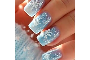 LOPMNGHT Christmas Press on Nails Short Square Artificial Acrylic False Nails Snowflake with Glitter Blue Stick on Nail Full Cover Reusable Coffin Winter Artificial Fingernails for Women Manicure 24Pcs