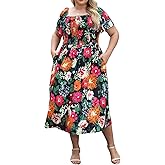 ELifegoo Plus Size Floral Maxi Dress for Curvy Women Boho Smocked Casual Wedding Guest Flutter Sleeves with Pockets ELG005