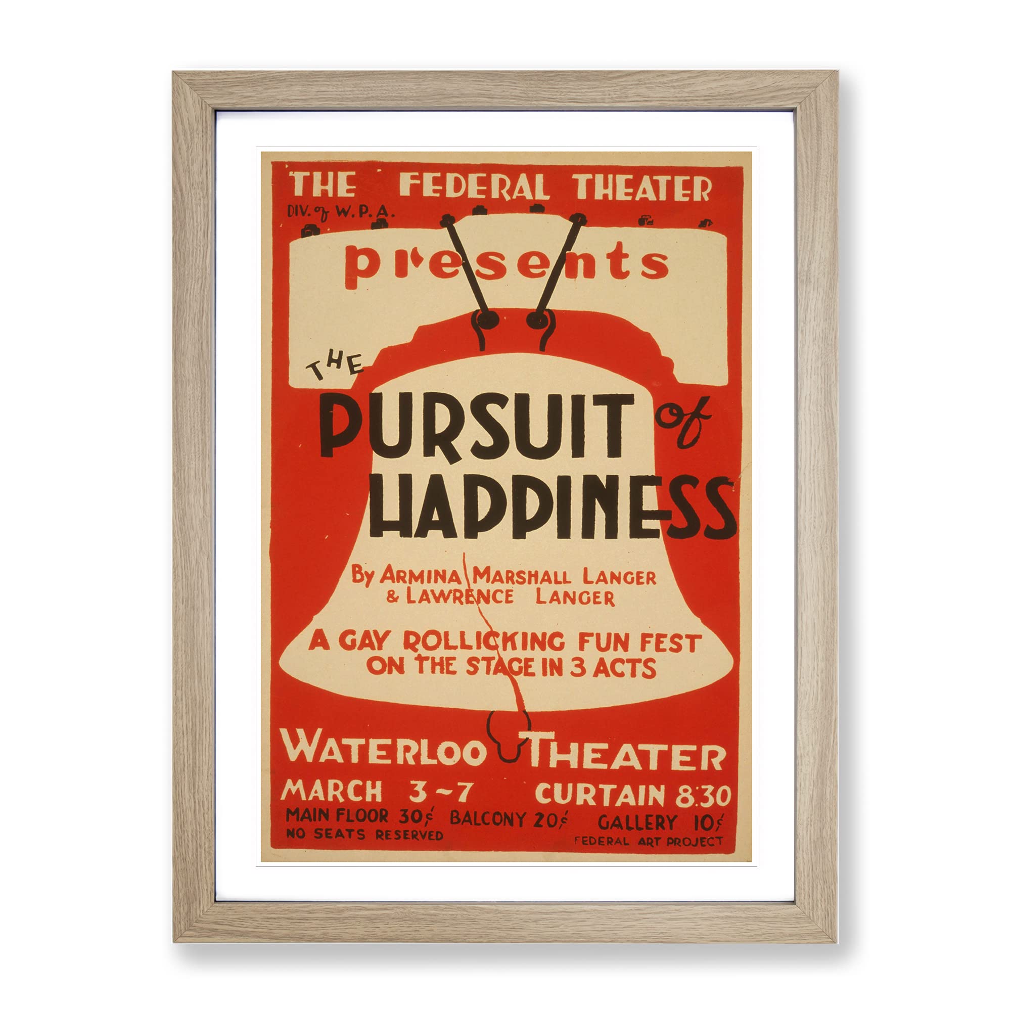 Wpa Pursuit Of Happiness No.2 Theatre Poster Vintage Framed Wall Art Print, Ready to Hang Picture for Living Room Bedroom Home Office Décor, Oak A4 (34 x 25 cm)