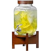 1 Gallon Glass Drink Dispenser with Acacia Wood Stand and Lid,Clear Embossed Beverage Dispenser with Stainless Steel Spigot Lemonade Dispenser for Wedding, BBQ,Picnic,Party