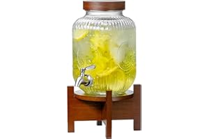 1 Gallon Glass Drink Dispenser with Acacia Wood Stand and Lid,Clear Embossed Beverage Dispenser with Stainless Steel Spigot L