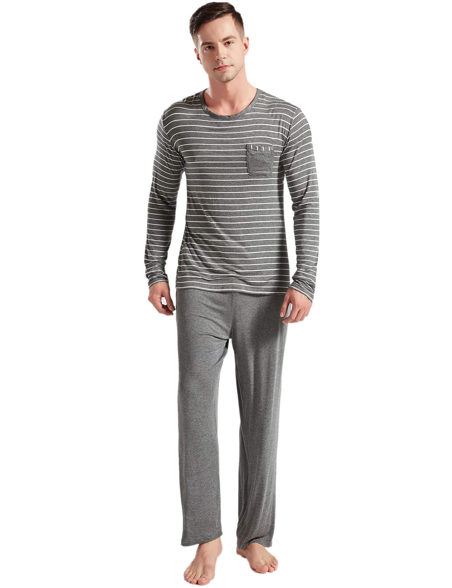 LEMONMOON Men\'s Pajama Set Cotton Classic Striped Crew Neck Sleepwear 2 Piece Long Sleeve Tee with Long Pants, Gray S
