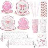 24 Set 194pcs Pink Bow Party Supplies Conquette Birthday Decorations Bow Birthday Party Plates, Napkin, Tablecloth Pink Bow Party Decoration for Girl Bachelorette Bridal Tableware Table Cover Serve 24