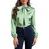 winkbay Women's Satin Tie Neck Blouses Elegant Long Sleeve Work Shirts Business Casual Tops