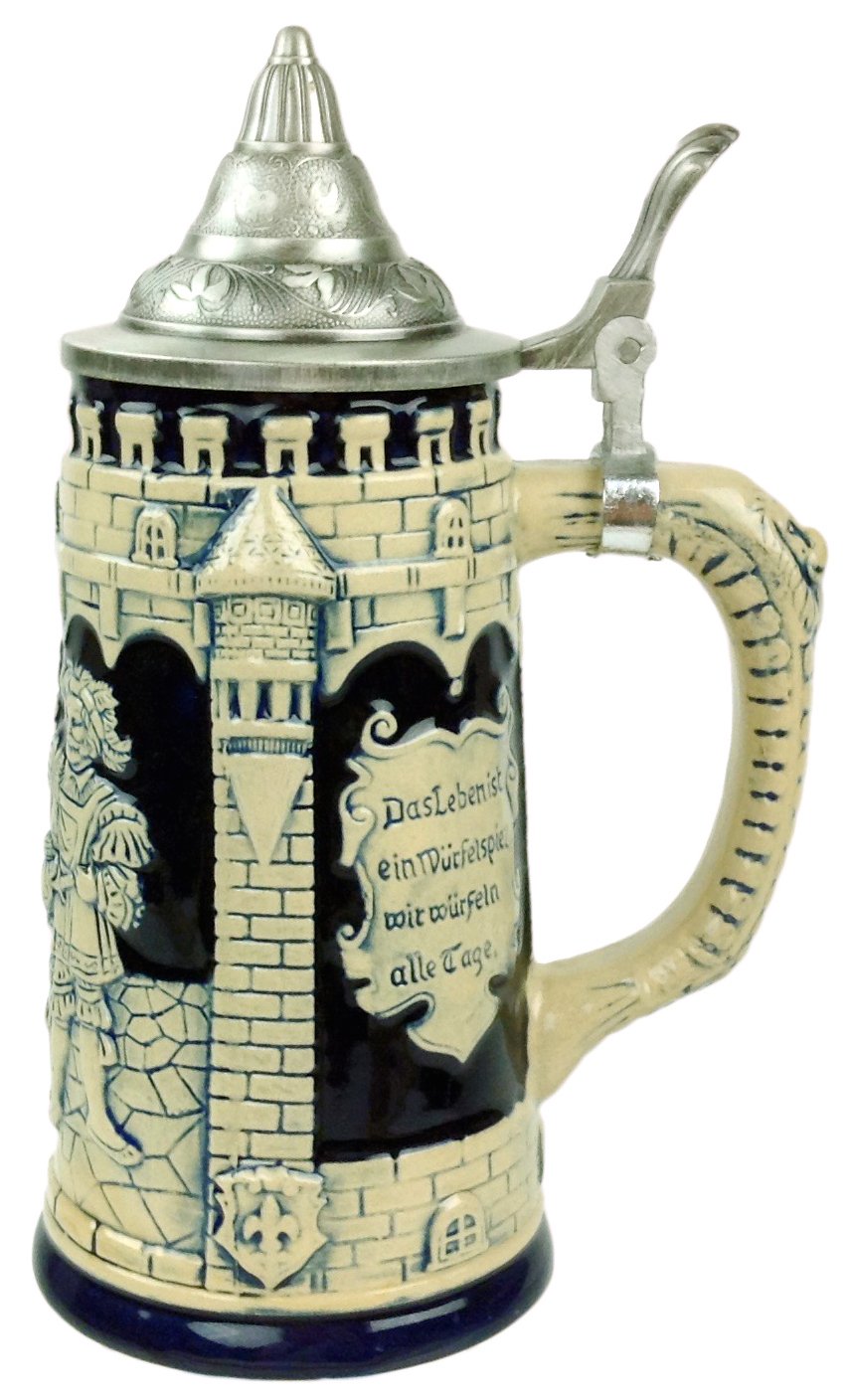 Collectible German Castle Festive Engraved Cobalt Blue Beer Stein with