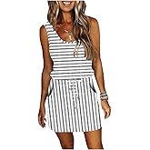 ETCYY NEW Womens Summer Striped Dresses Casual Sleeveless T Shirt Dress Drawstring Waist Sundress with Pockets