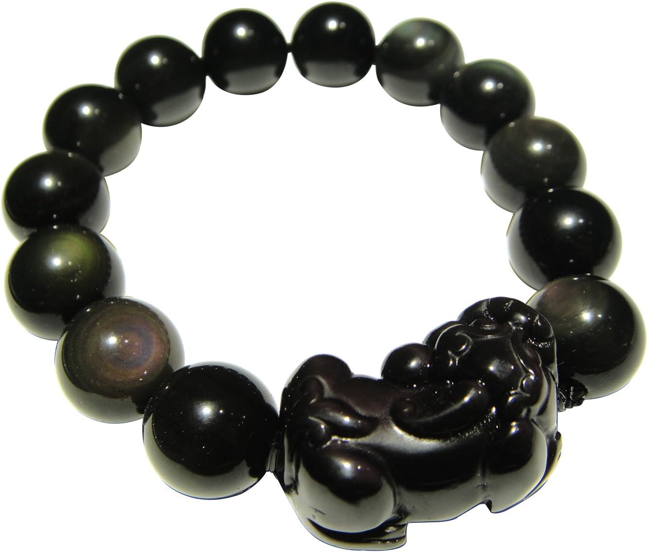 SUNNYHER Black Obsidian Round Beads with Rainbow Eyes Pi Xiu Feng Shui Stretch Bracelet For Men Bangle