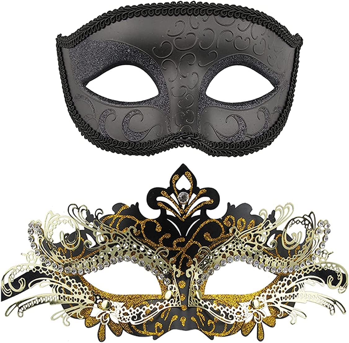 Qavctw Couples Venetian Masquerade Metal Masks for Mardi Gras Halloween Costume Ball Prom Mask 2 Pack