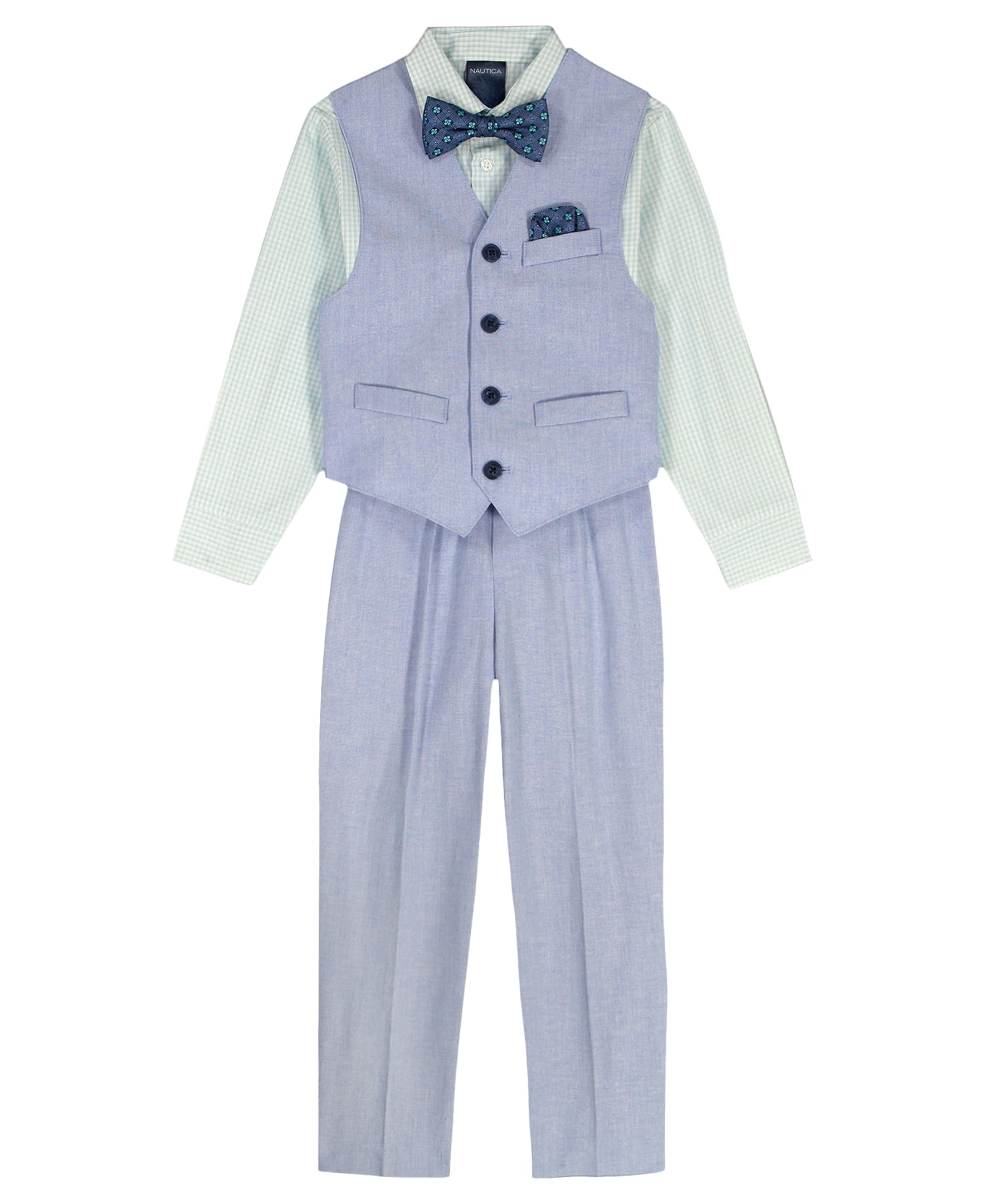 Nautica Boys' 4-Piece Formal Suit Set with Vest, Pants, Collared Dress Shirt, and Tie, Blue Linen, 10 Image