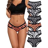 Morvia 6pcs Women Underwear Gothic Sexy Halloween Skulls Roses Allover Print Contrast Lace Hipsters Panties
