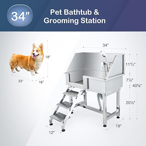 SNUGENS Professional Dog Grooming Bath Tub, 34 Inches Stainless