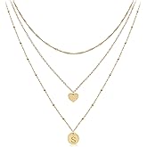 Aisansty Dainty Layered Initial Choker Necklaces Handmade 14K Gold Plated Tiny Heart Personalized Letter Disc Pendant Adjustable Chain Layering Gold Necklaces for Women Gift Jewelry