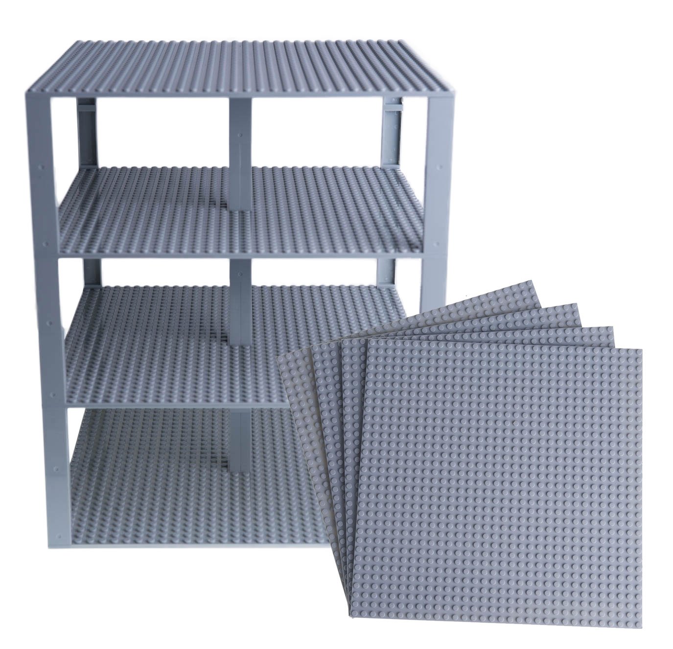 Strictly Briks Classic Baseplates 10" x 10" Brik Tower 100% Compatible with All Major Brands | Building Bricks for Towers and More | 4 Light Gray Stackable Base Plates & 30 Stackers