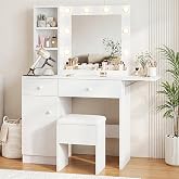 White Makeup Vanity Desk Set with LED Mirror, Charging Station and Chair | 3 Lighting Modes, Storage Cabinet, 2 Drawers, Foldable Tabletop for Bedroom