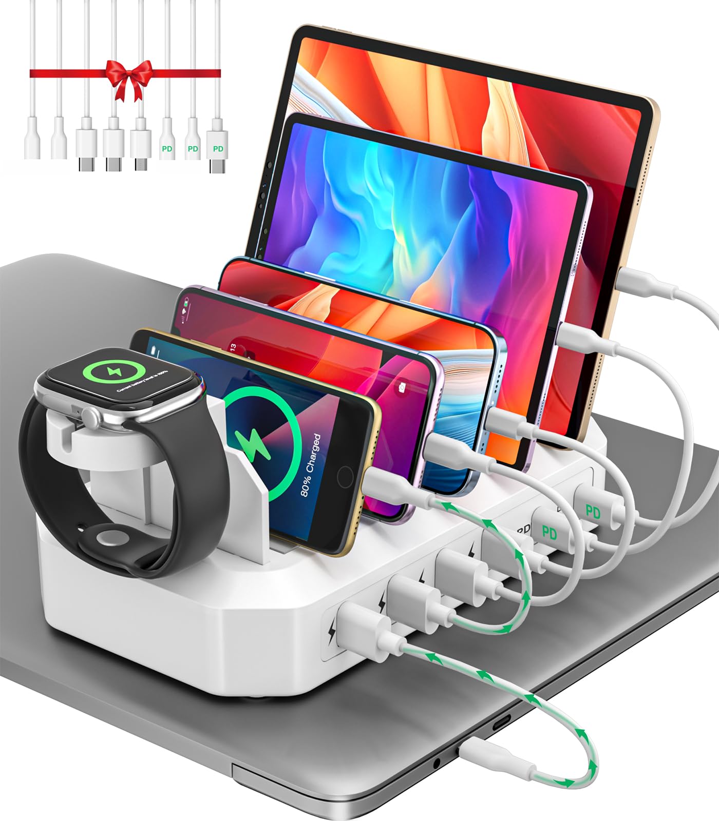 Photo 1 of 95W Fast Charging Station for Multiple Devices?UL & FCC Tested Safer Charging? 6-Port USB Charging Dock with 2 PD-Port, Compatible with iPhone/Android/MacBook/iPad/Tablet/Kindle(8 Cables Included)